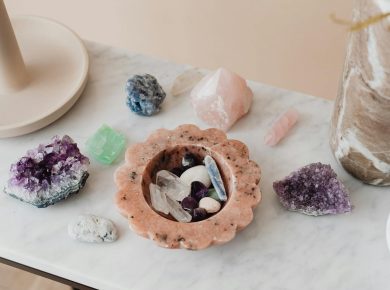 Assorted Crystals over a Marble Top Table